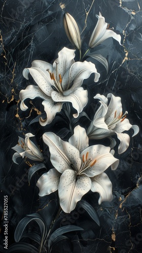 Slate grey marble with white and silver veins, decorated with white lilies. Vertically oriented. 