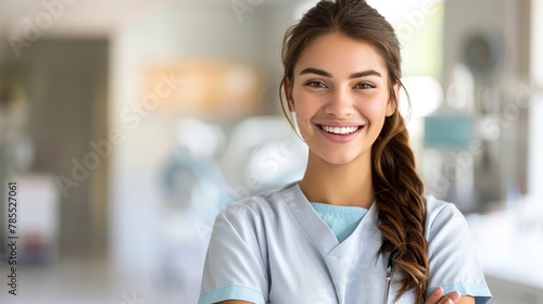 Cheerful young female dentist in clinic setting with copy space on blurred background