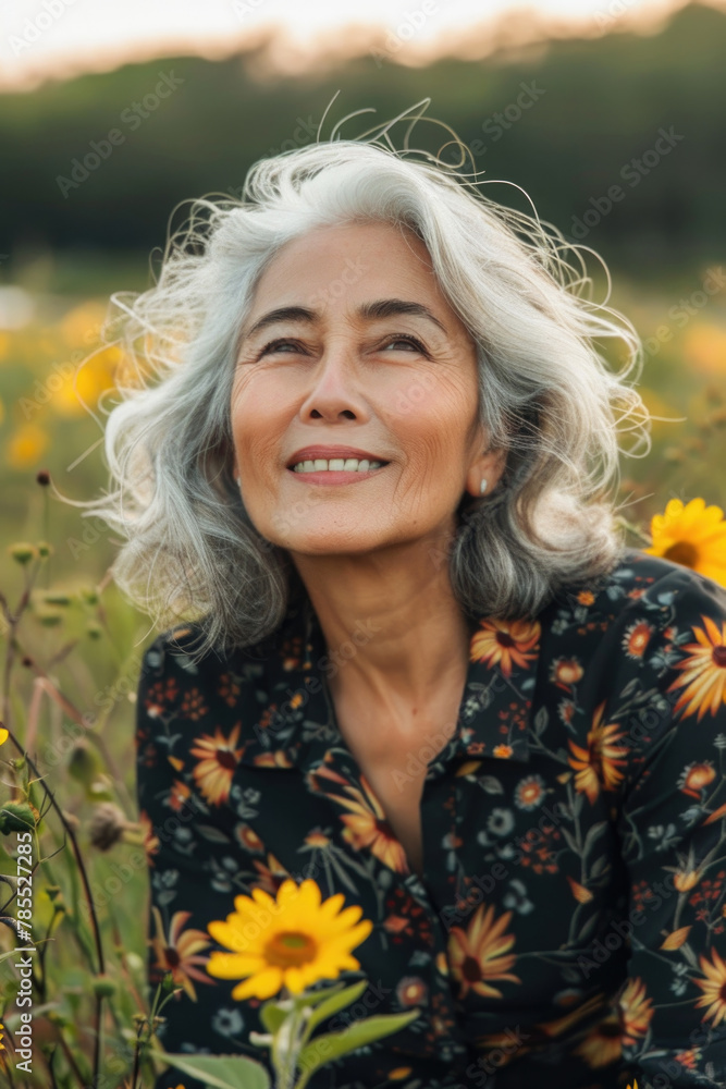 Mature woman is seated among a vast field of vibrant sunflowers, surrounded by towering yellow blooms under a bright sunny sky Mature woman is seated among a vast field of vibrant sunflowers, surrounded by towering yellow blooms under a bright sunny sky