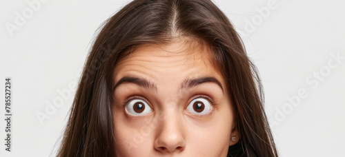A woman with a surprised expression on her face, eyes wide and mouth slightly open photo
