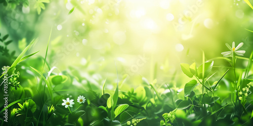 Sunlit green meadow with lush grass, blooming white flowers, and dew drops sparkling in the light, showcasing nature’s vibrant and fresh atmosphere.  © Andrey