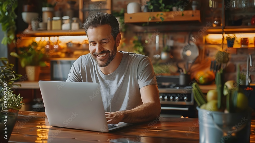 Smiling Man Enjoying Remote Work in a Cozy Kitchen. Concept Remote Work, Cozy Kitchen, Smiling Man, Work-life Balance, Comfort and Productivity
