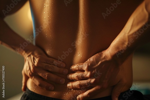 Close-up of a person with a backache  massaging their lower back  muted lighting 02