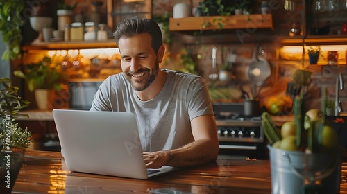 Smiling Man Enjoying Remote Work in a Cozy Kitchen. Concept Remote Work, Cozy Kitchen, Smiling Man, Work-life Balance, Comfort and Productivity