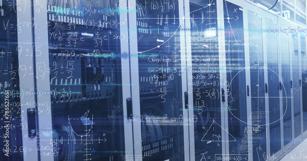 Naklejka premium Image of mathematical equations and data processing over computer servers