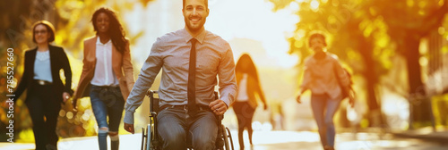 A smiling man in a wheelchair leads a group of friends along a sunlit path surrounded by trees photo