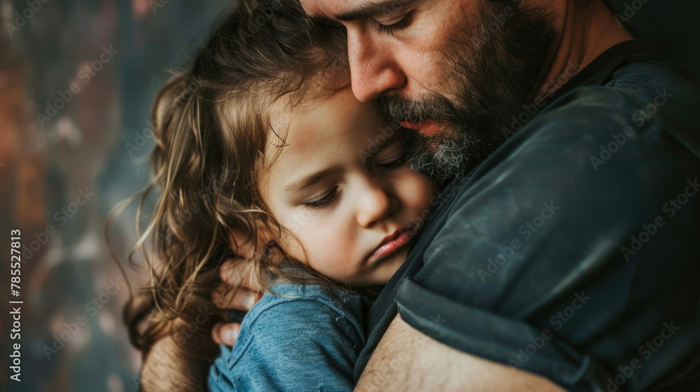 A man is holding a young girl in his arms. The mans face shows care and affection as he supports the girl securely A man is holding a young girl in his arms. The mans face shows care and affection as he supports the girl securely