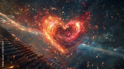 Romantic heart composed of piano keys amid swirling music notes in space