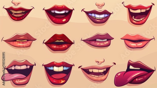 Cartoon animated woman mouth. Character lip talk pronunciation. Female smile and happy expression. Phonetic modern kit for education or game design.