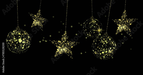 Image of dots over golden stars and baubles on black background
