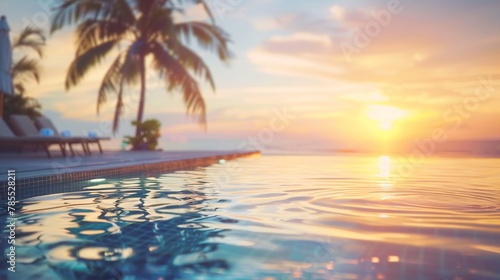 Blurred view of a luxurious hotel pool overlooking a paradisiacal beach at sunset with no one in the image 05
