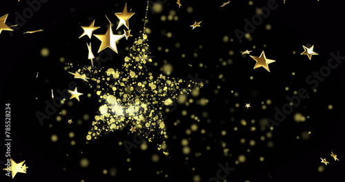 Image of stars falling over golden star on black background