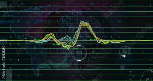 Image of 5g and 6g text in bubble with multicolored graph waves and map against black background