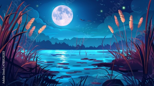 An illustration of a swamp with cattails near a lake  at night during full moon. Pond with bulrush in a park. Shiny water surface in a river fantasy cartoon illustration. A wild nature landscape with