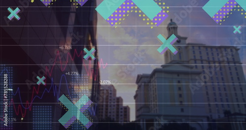 Image of floating x icons and multicolored graphs over low angle view of buildings in city