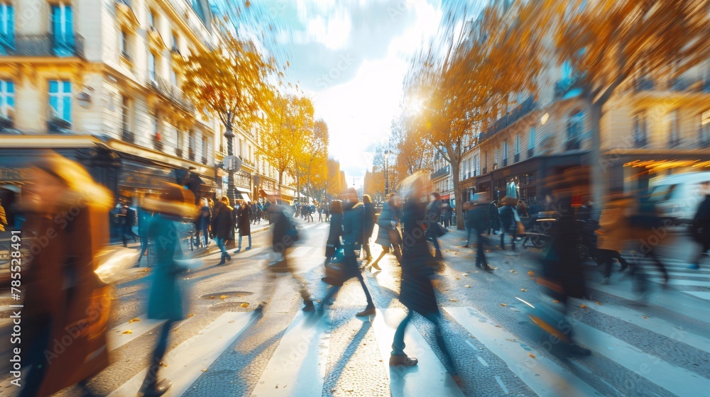 Blurred view of Paris streets with motion blur effect on pedestrians 02