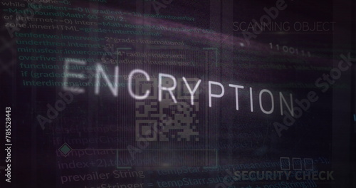 Image of encryption text over qr code, motherboard and data processing
