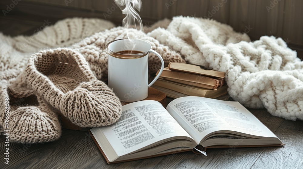 Compose a warm and inviting scene with a knitted blanket  a steaming mug of cocoa  a well-worn book  and a pair of fuzzy slippers