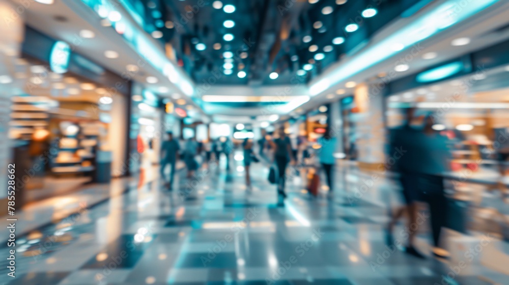 Blurred scene of a busy shopping mall with dynamic crowd movement