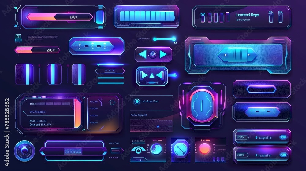 Illustration of UI overlay info boxes, panel buttons. Futuristic leaderboard window, start, end of stream. 3D illustration. Illustration of UI overlay info boxes, panel buttons. Futuristic leaderboard window, start, end of stream. 3D illustration.
