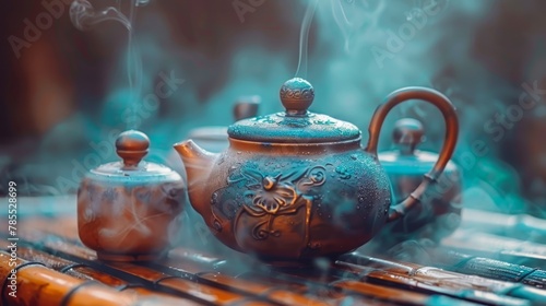  A tea pot atop a wooden table, one steaming