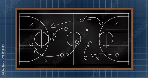 Image of game plan on black board over blue background