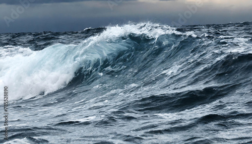 Close-up view of turbulent big wave in a stormy sea under a cloudy sky.