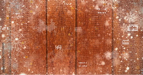 Image of data processing over snowflakes on wooden background