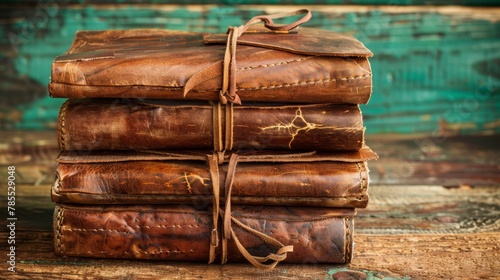 A stack of brown leather books, bound together by a string atop one volume, rests atop a weathered wooden surface
