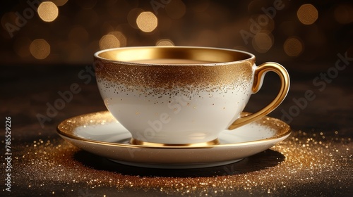   A gold-glittered background features a white and gold coffee cup and saucer on the table photo
