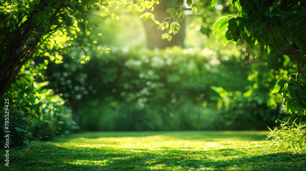 Fototapeta premium sunlit forest floor with lush green foliage and bokeh background. Generative AI
