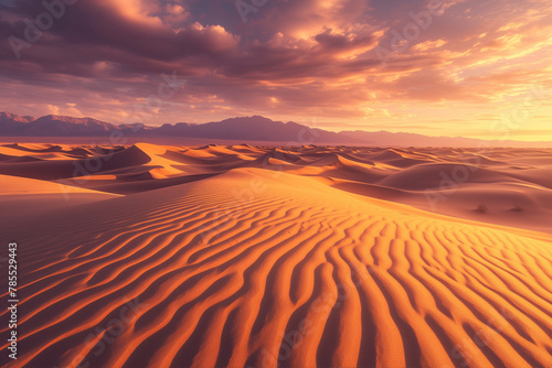 Majestic Sunrise Over Desert Sands  Golden Glow Landscape Scene  