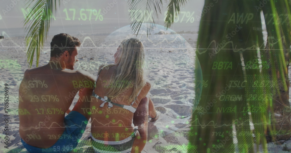 Naklejka premium Image of financial data processing over couple on beach