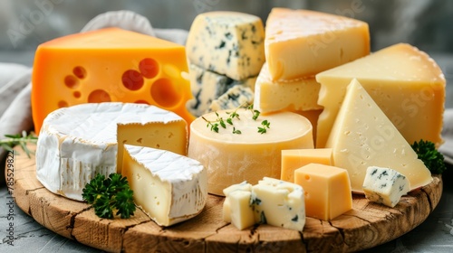   A variety of cheeses on a wooden platter, garnished with parsley