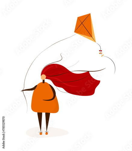 Simple schematic vector drawing of a girl in an orange dress with bright red hair flying a kite on a white background. Postcard showing a girl with a kite 