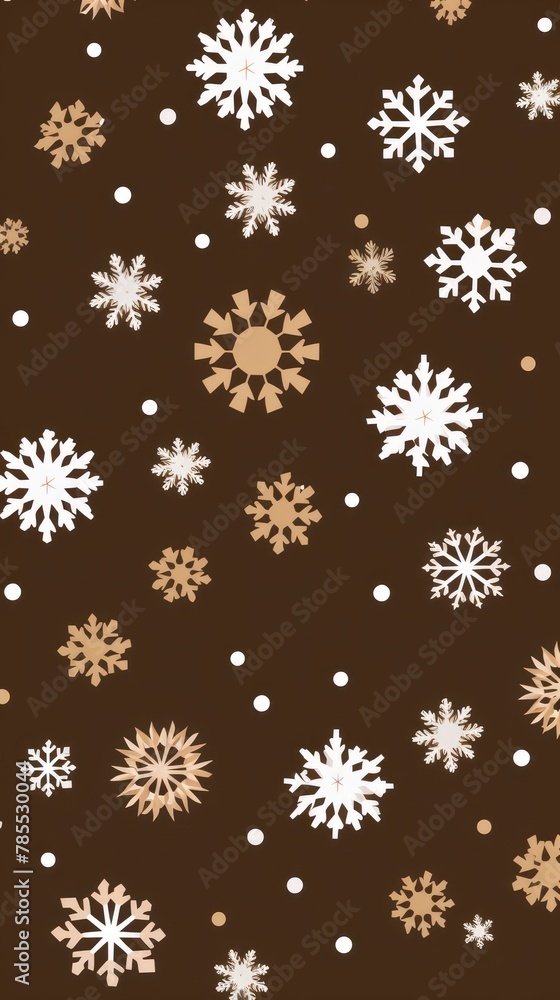 White snowflakes on a tan background, a flat vector illustration in the simple minimalist style of a cute cartoon design with simple shapes