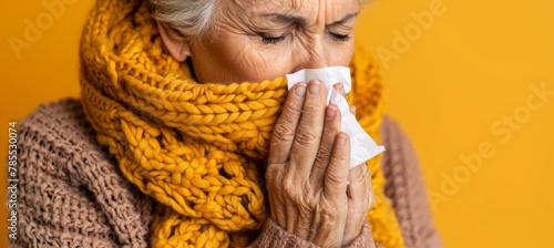 Closeup of senior woman sick, blowing nose into tissue with empty space for text placement