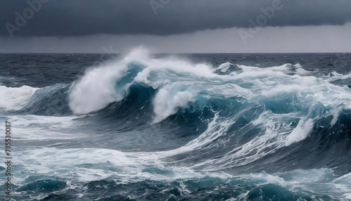 Close-up view of turbulent big wave in a stormy sea under a cloudy sky.