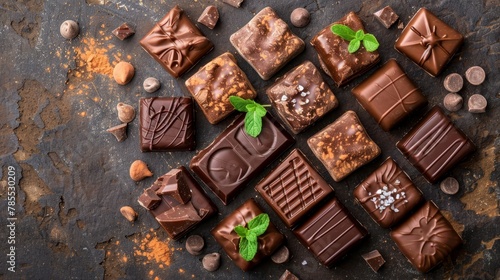   A collection of chocolates atop a table, surrounded by nuts and a verdant leaf