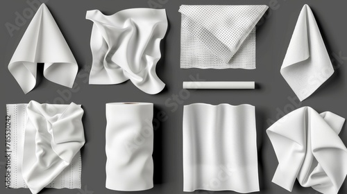 This is a realistic set of kitchen towel mockups with perforated texture isolated on transparent background. The image is a 3D modern illustration of soft white hygiene tissue rolls for bathrooms or photo