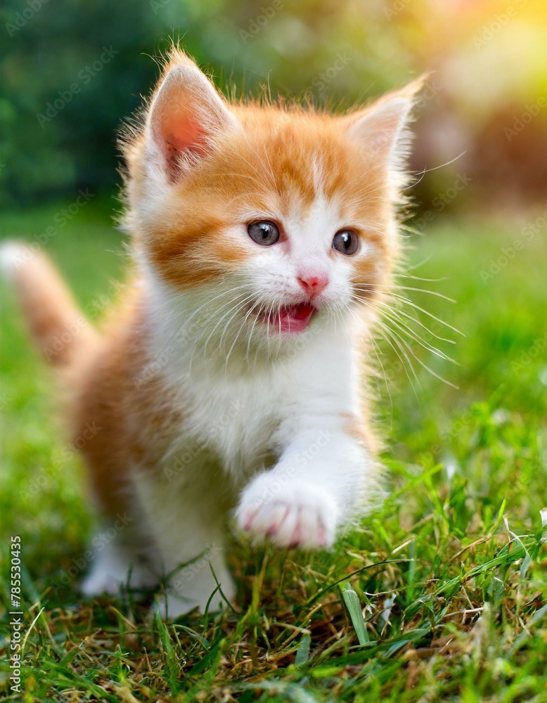 Ginger kitten playing in the grass