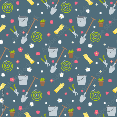 Seamless vector with garden tools pattern, bucket, shovel, pot with plant, watering hose, gloves, trimmer and daisies.
