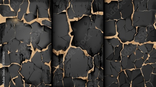 This modern illustration shows a realistic set of cracks on a dry surface isolated on a transparent background. Illustration includes weathered paint, aged building facade, damaged wall surface,