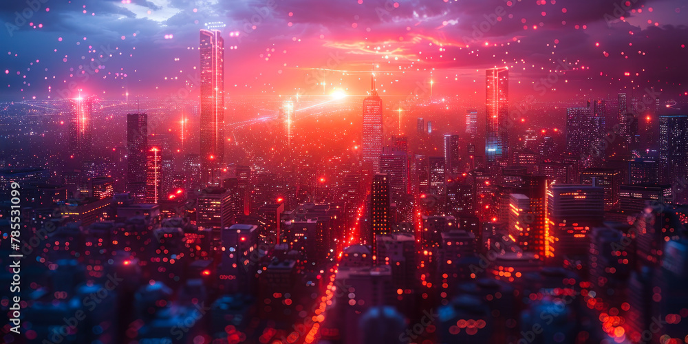 Futuristic cityscape with holographic data screens and lights floating in the air between skyscrapers, creating a vibrant, tech driven urban environment in a cyberpunk style at night