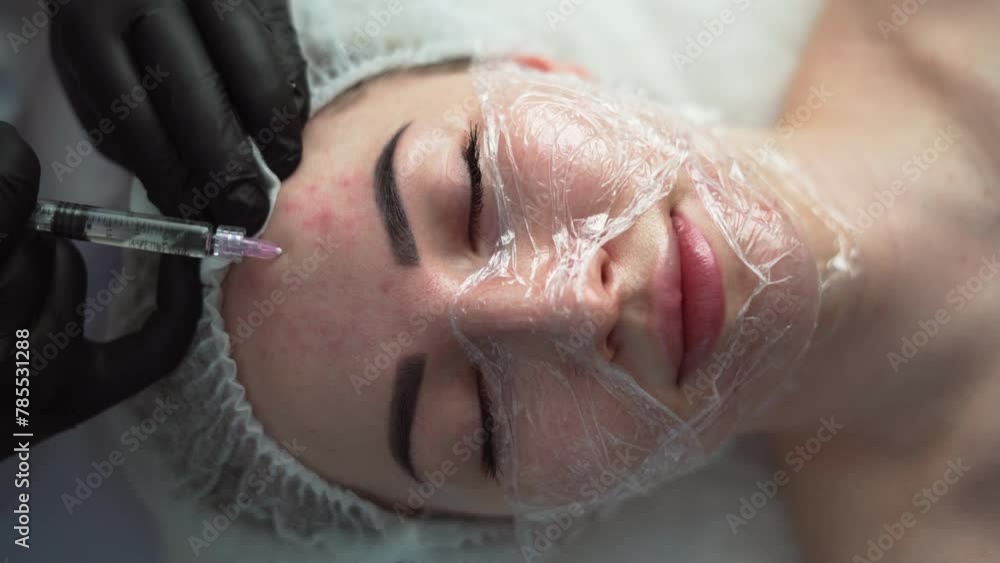 Mesotherapy and biorevitalization concept. Beautician doctor makes injections into the skin of the face. Cosmetology and mesotherapy procedure. Mesotherapy and biorevitalization concept. Beautician doctor makes injections into the skin of the face. Cosmetology and mesotherapy procedure.