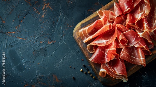   A wooden cutting board bearing sliced meat rests atop a black table Nearby, spices and seasonings are positioned photo