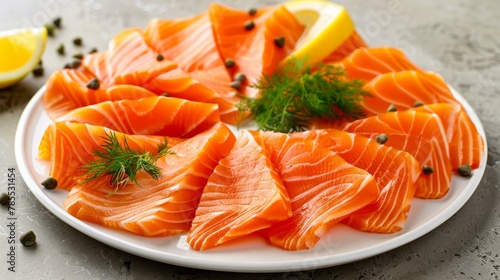  A white plate holds sliced salmon, lemon wedges, and a dill sprig