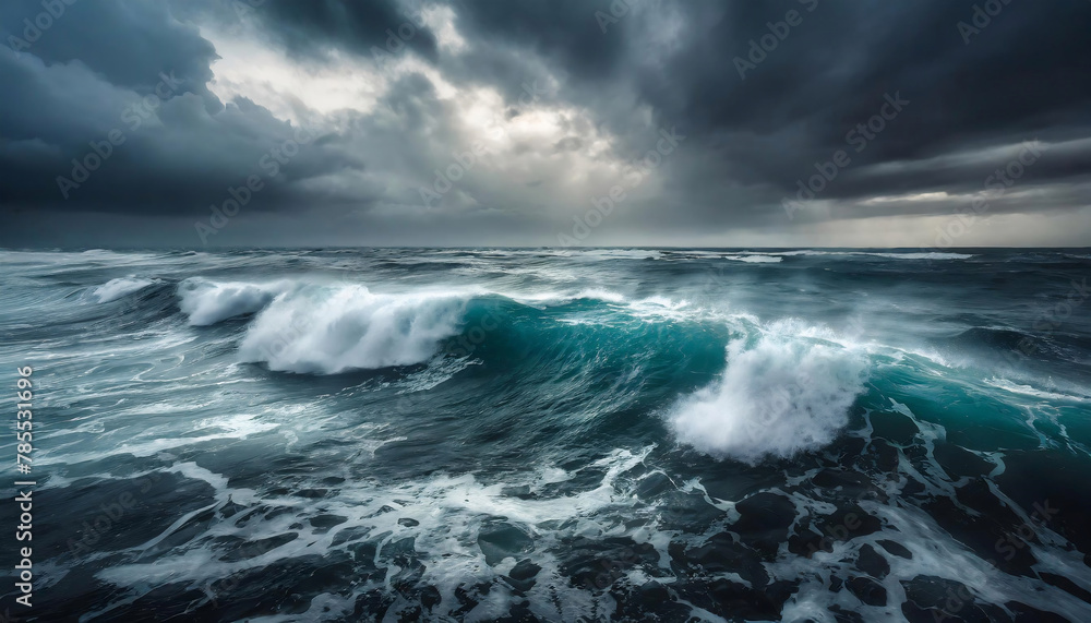 Fototapeta premium Big, foamy waves in a stormy sea under a dark sky with some sunlight