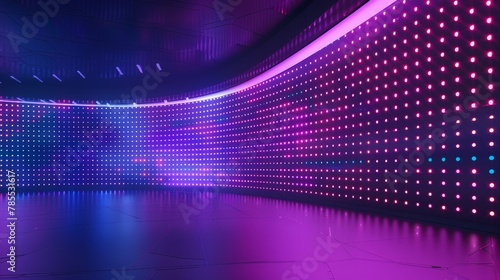 The curved cinema glittering diode pixel technology modern backdrop illustration of a TV show led screen stage and a LCD wall. Digital concave monitor light panel texture. photo