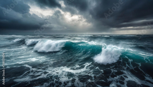 Big, foamy waves in a stormy sea under a dark sky with some sunlight